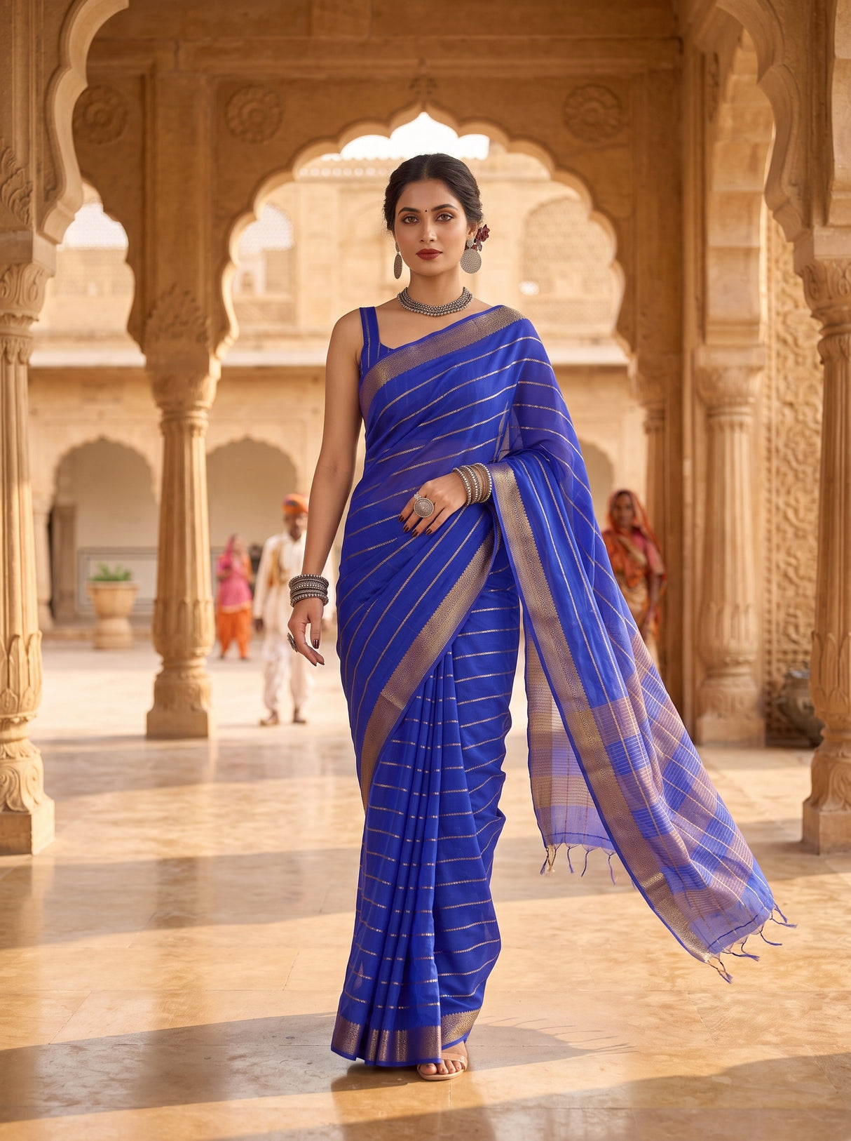 MIMOSA Royal Blue Mysore Silk Crepe Saree — pose 6 styling detail