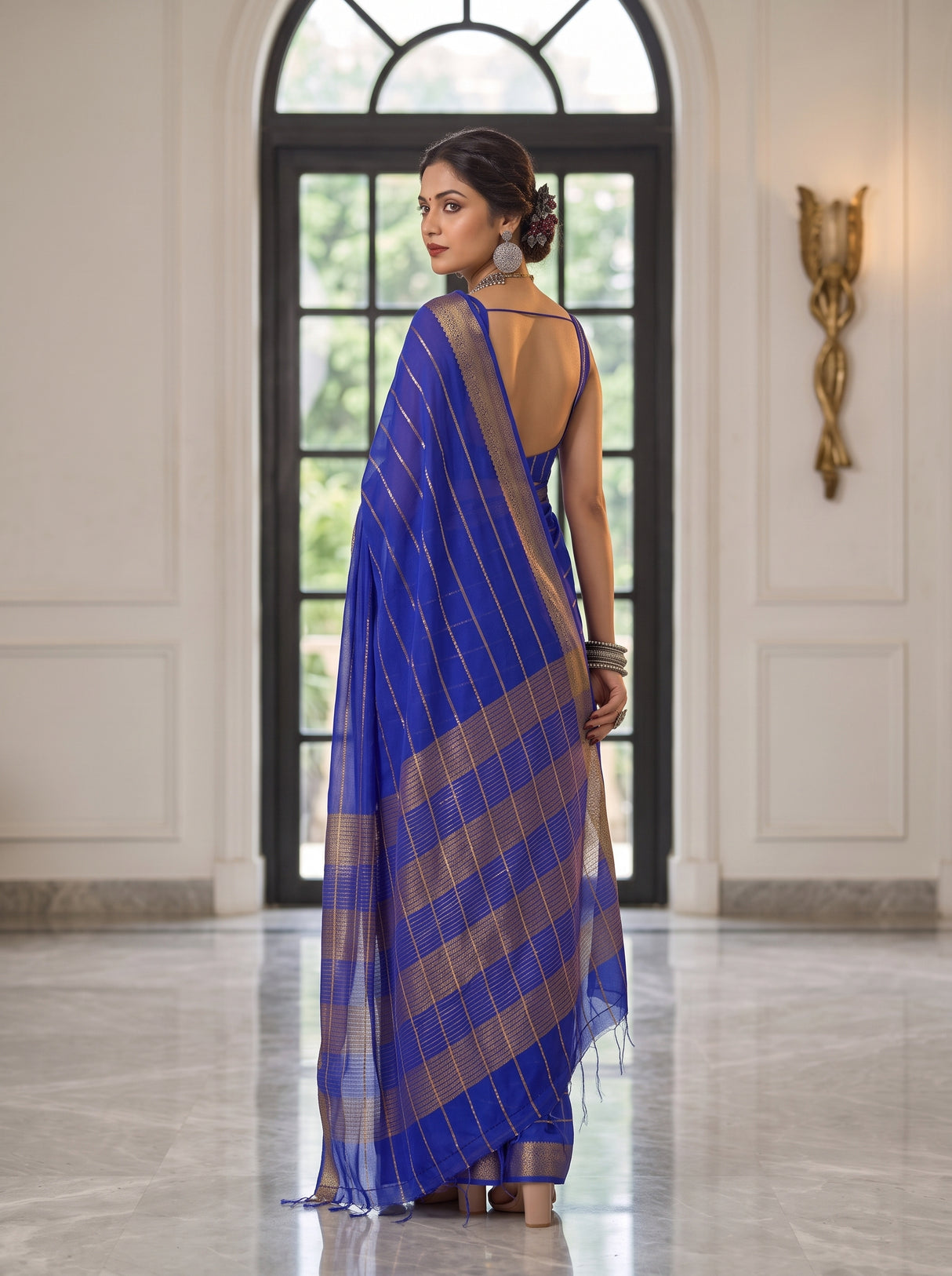 MIMOSA Royal Blue Mysore Silk Crepe Saree — pose 7 styling detail