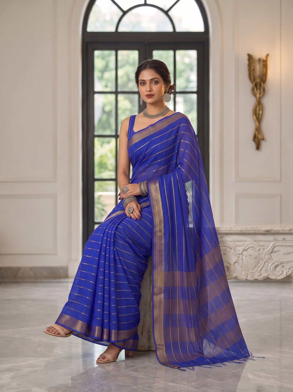 MIMOSA Royal Blue Mysore Silk Crepe Saree — pose 8 styling detail