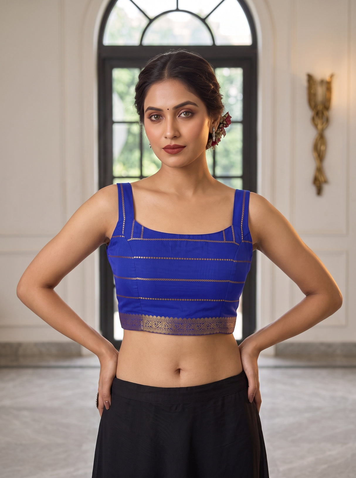 MIMOSA Royal Blue Mysore Silk Crepe Saree — blouse close-up