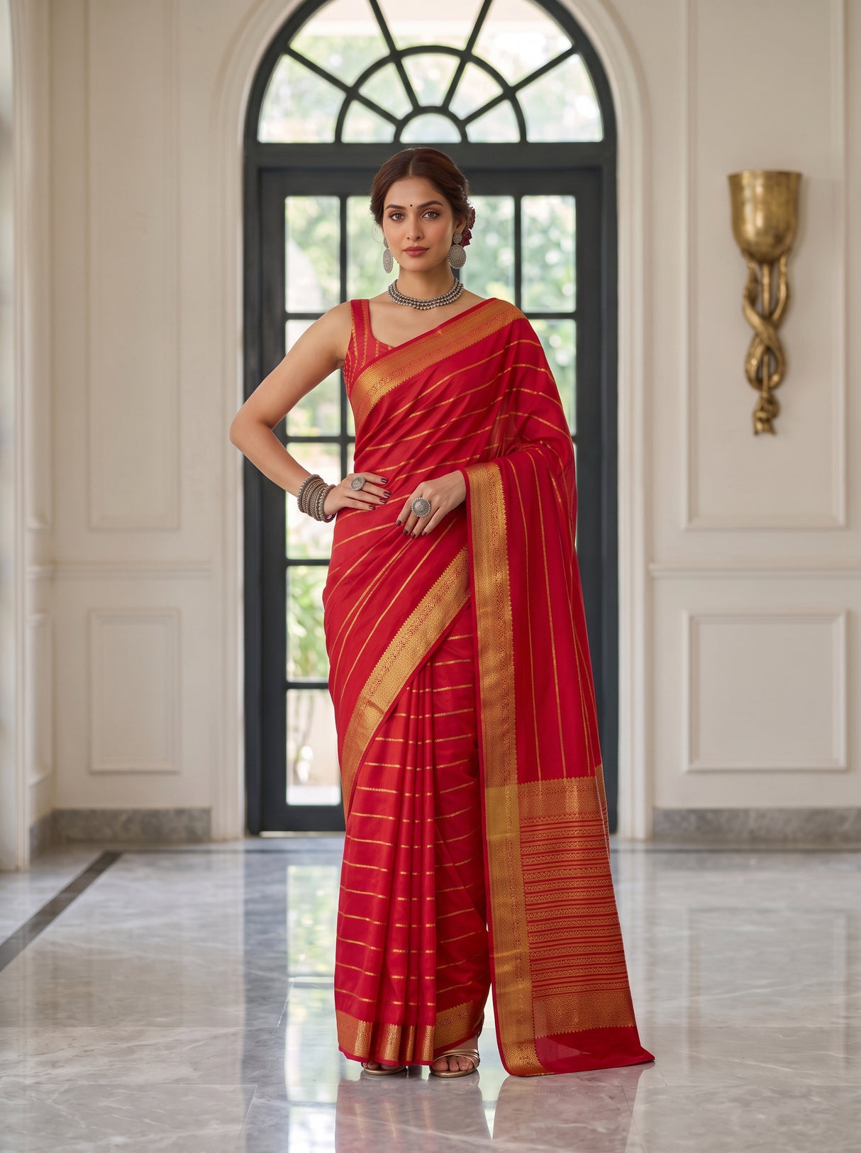 MIMOSA Strawberry Mysore Silk Crepe Saree — pose 4 styling detail