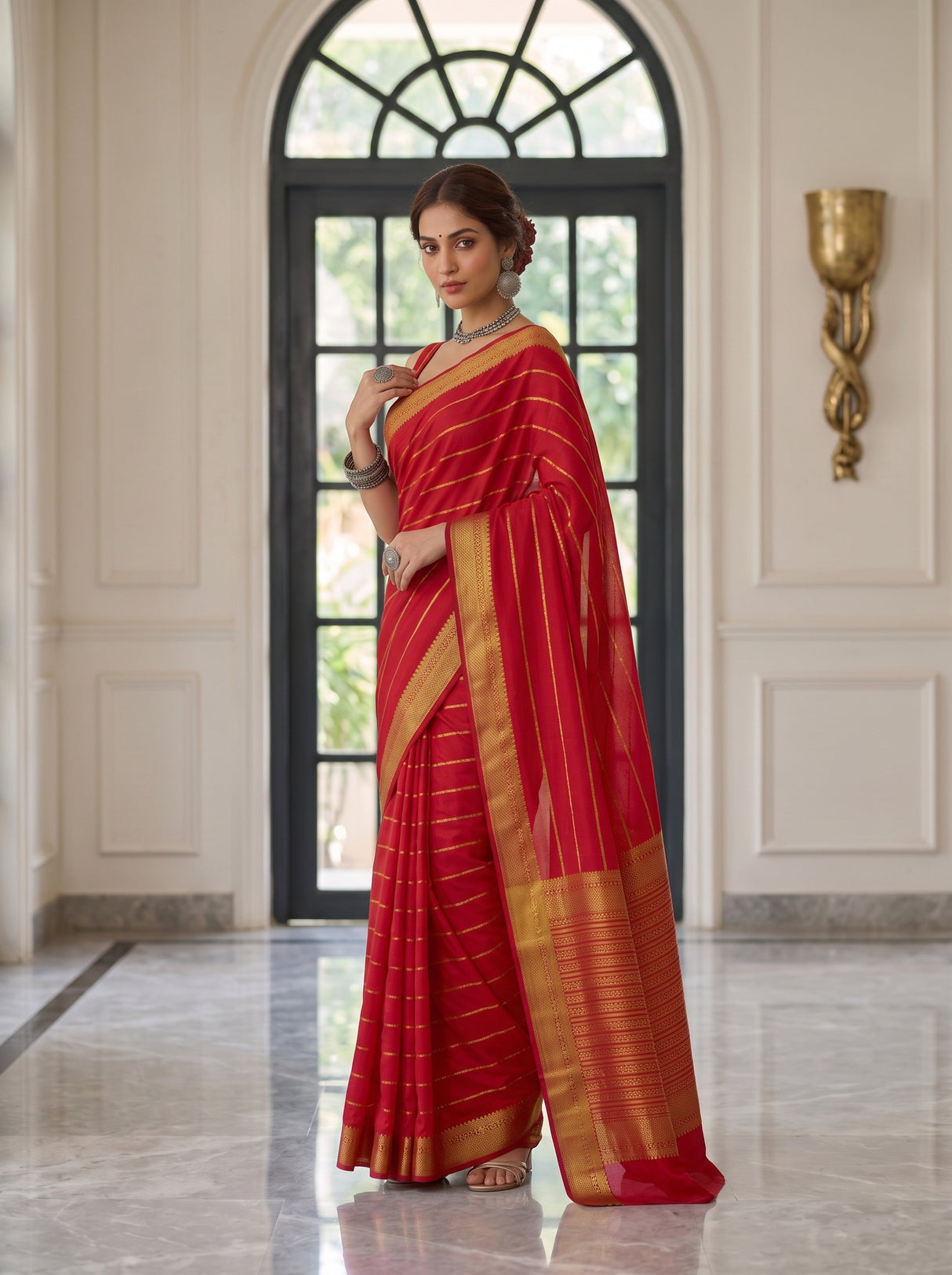 MIMOSA Strawberry Mysore Silk Crepe Saree — pose 5 styling detail