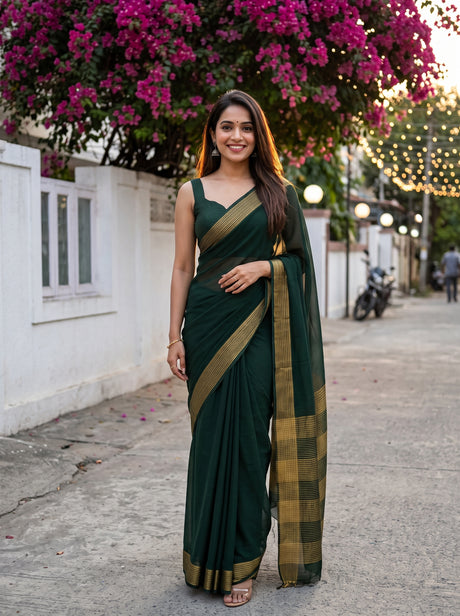 MIMOSA Bottle Green Saree Saree — front view on mannequin