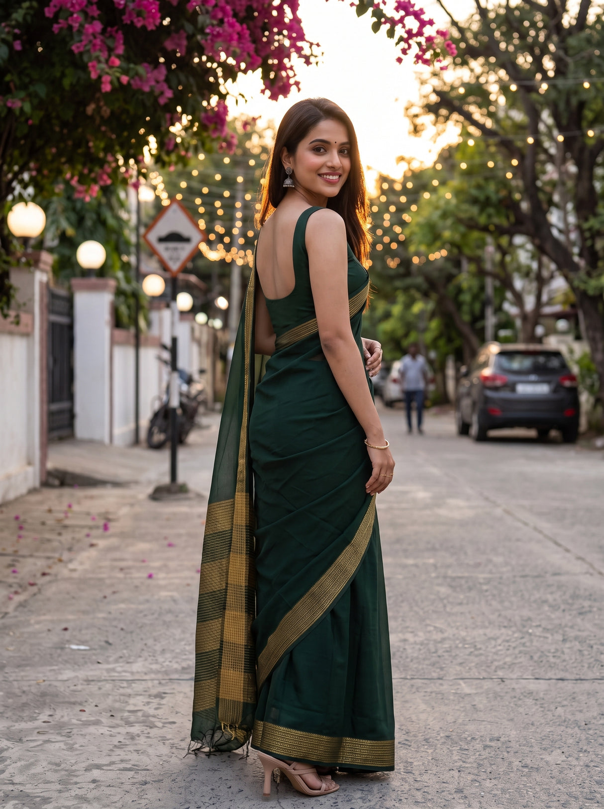 MIMOSA Bottle Green Saree Saree — pose 7 styling detail