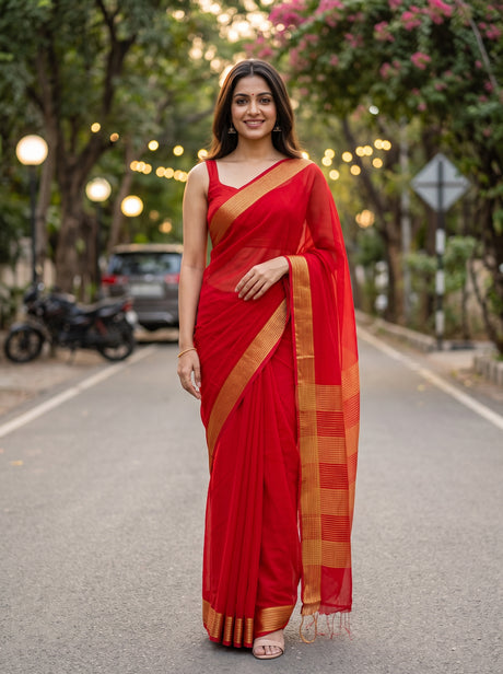 MIMOSA Red Saree Saree — front view on mannequin