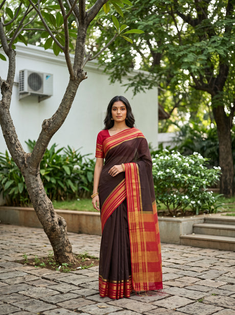 MIMOSA Chocolate Mysore Silk Crepe Saree — Model wearing