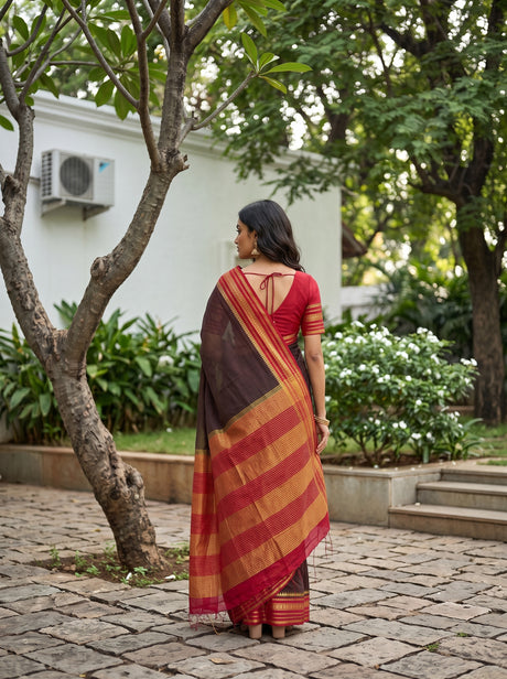 MIMOSA Chocolate Mysore Silk Crepe Saree — Pallu and body detail