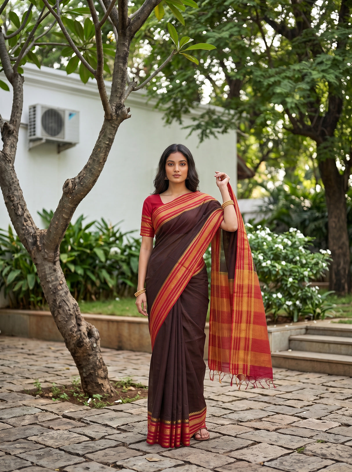 MIMOSA Chocolate Mysore Silk Crepe Saree — pose 6 styling detail