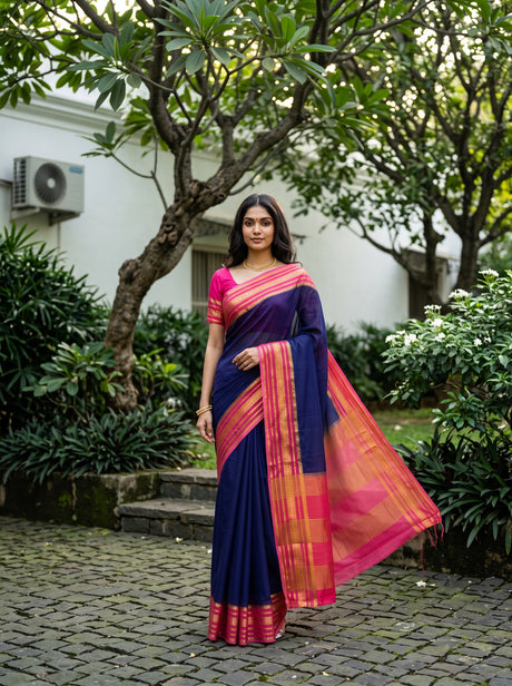 MIMOSA Navy Mysore Silk Crepe Saree — Model wearing