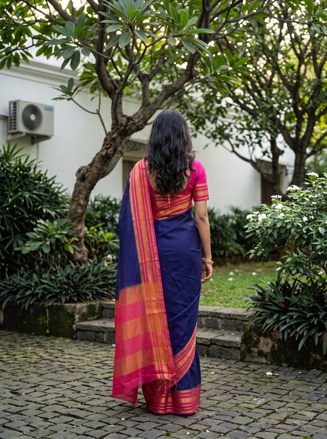 MIMOSA Navy Mysore Silk Crepe Saree — Pallu and body detail