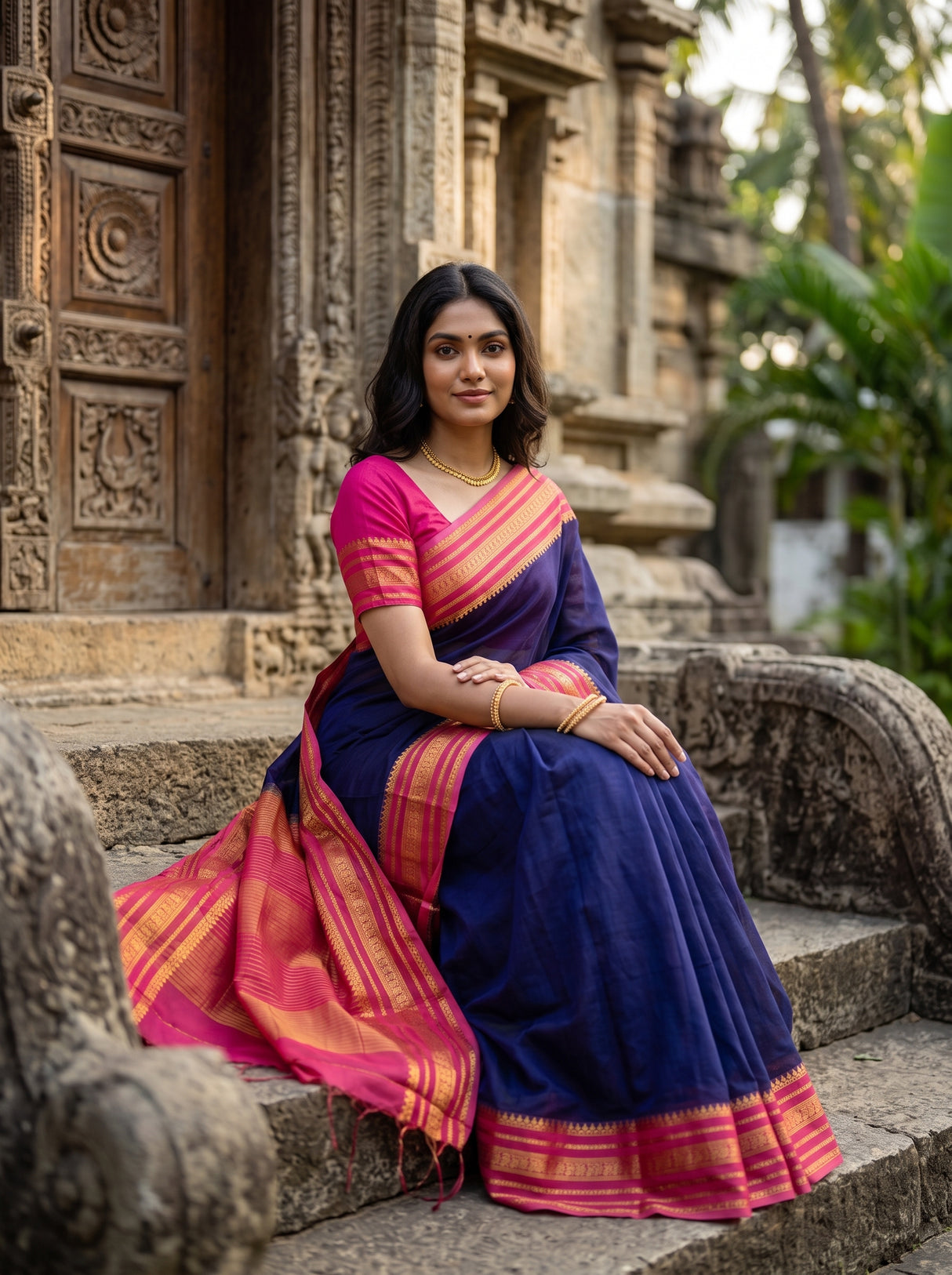 MIMOSA Navy Mysore Silk Crepe Saree — pose 6 styling detail