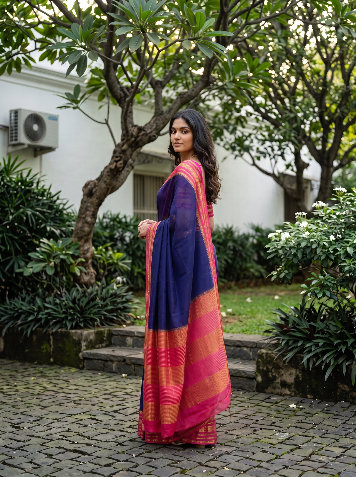 MIMOSA Navy Mysore Silk Crepe Saree — pose 9 styling detail
