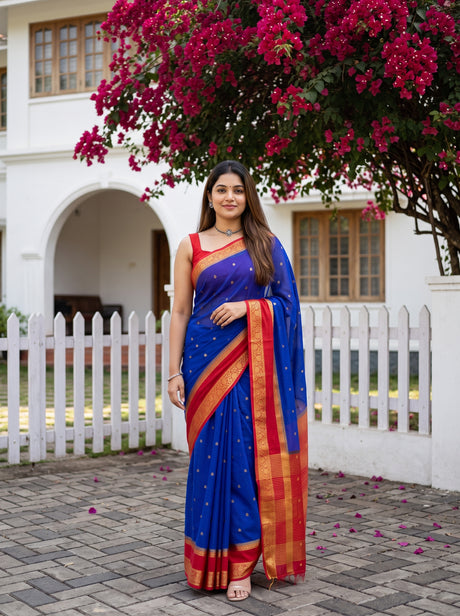 MIMOSA Royal Blue Mysore Silk Crepe Saree — AI Model lifestyle pose