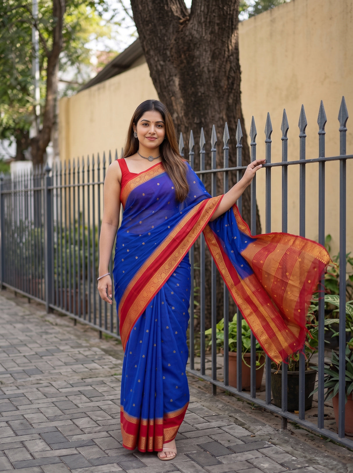 MIMOSA Royal Blue Mysore Silk Crepe Saree — pose 6 styling detail