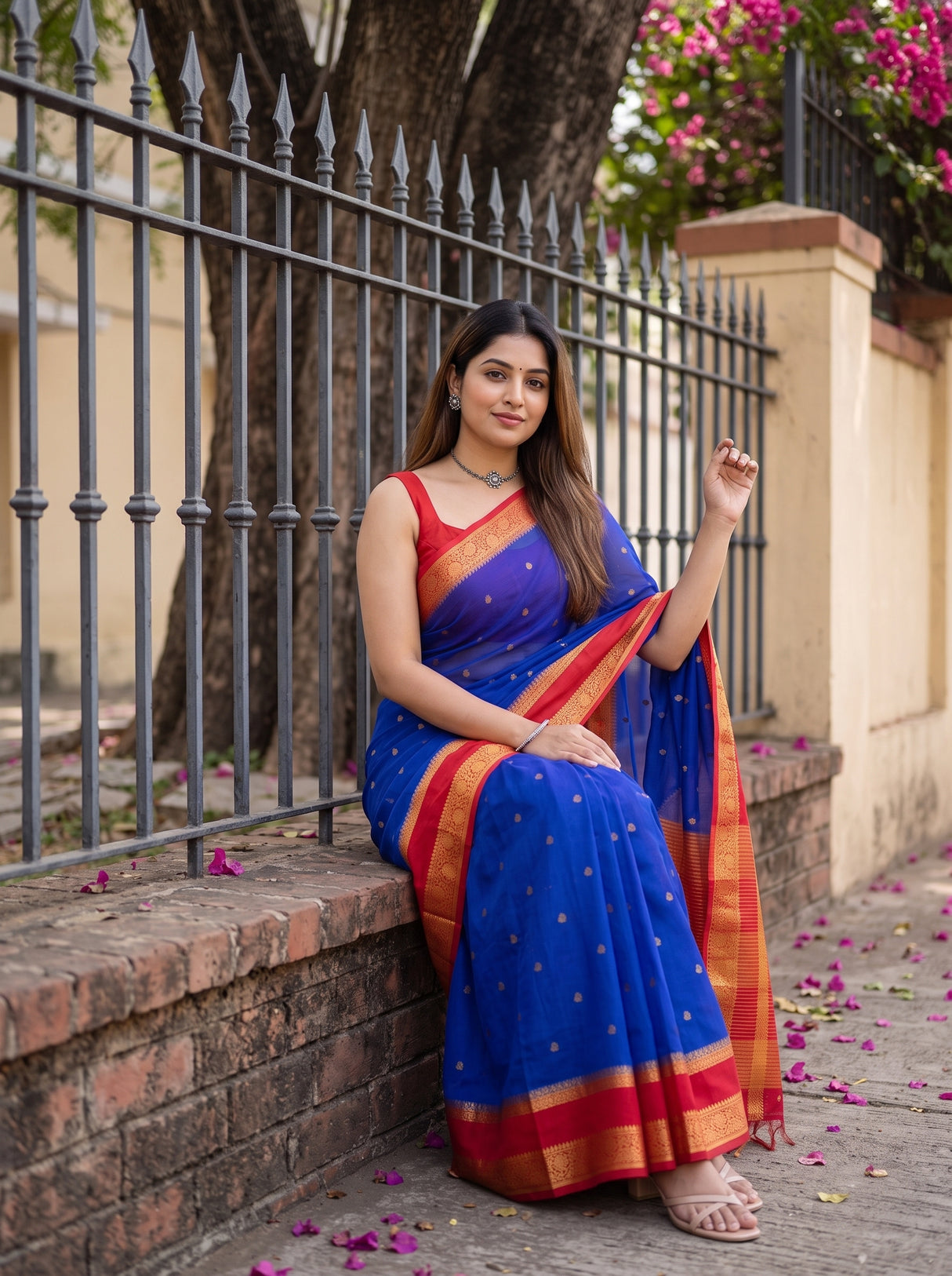 MIMOSA Royal Blue Mysore Silk Crepe Saree — pose 8 styling detail