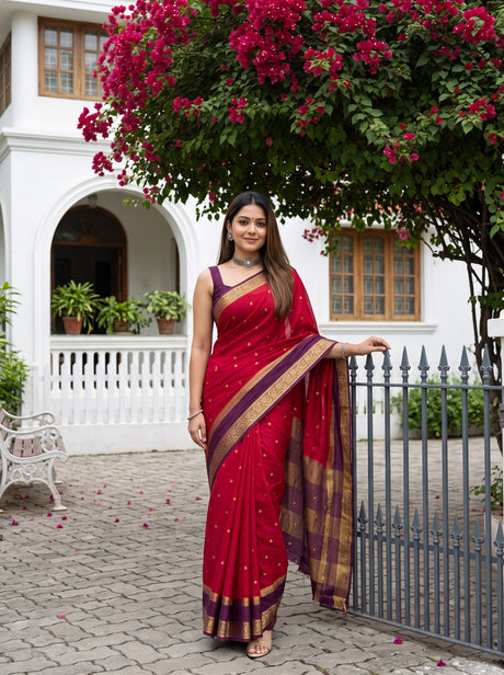 MIMOSA Strawberry Mysore Silk Crepe Saree — AI Model lifestyle pose