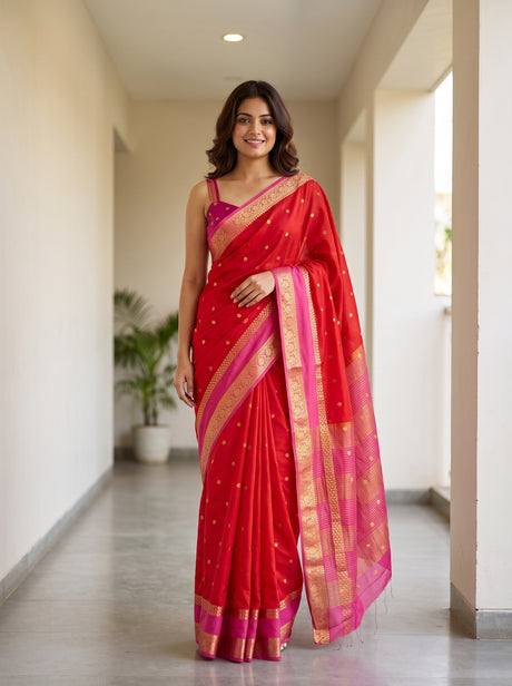 MIMOSA Red Saree Saree — front view on mannequin