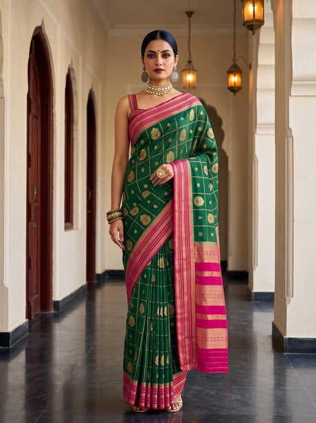 MIMOSA Bottle Green Saree Saree — front view on mannequin