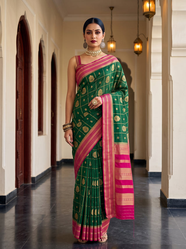 MIMOSA Bottle Green Saree Saree — front view on mannequin