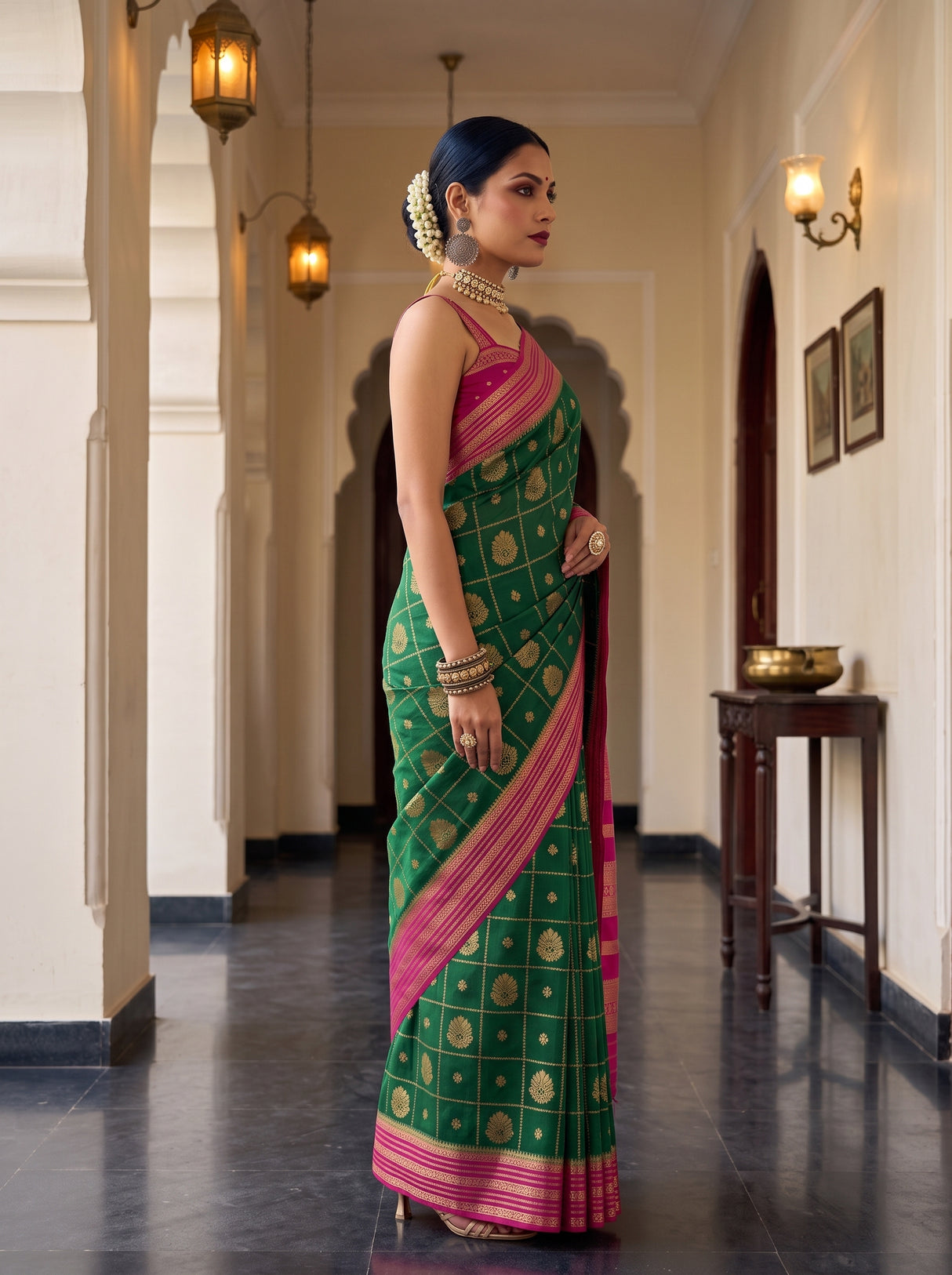 MIMOSA Bottle Green Saree Saree — pose 3 styling detail