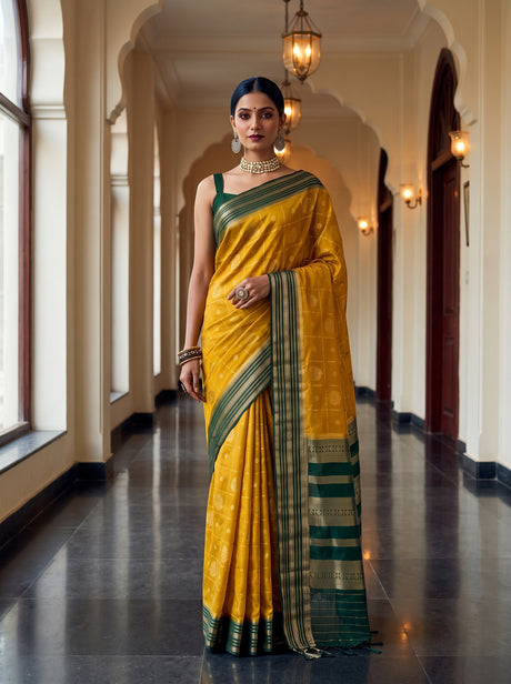 MIMOSA Gold Saree Saree — front view on mannequin