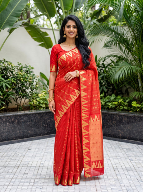 MIMOSA Red Saree Saree — front view on mannequin
