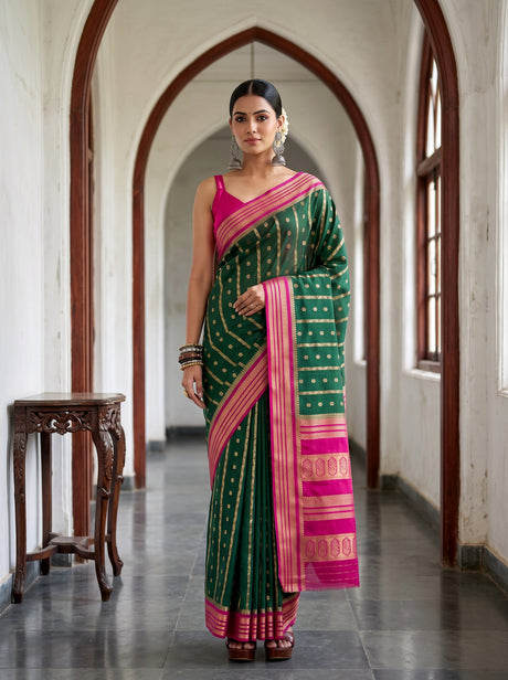 MIMOSA Bottle Green Saree Saree — front view on mannequin