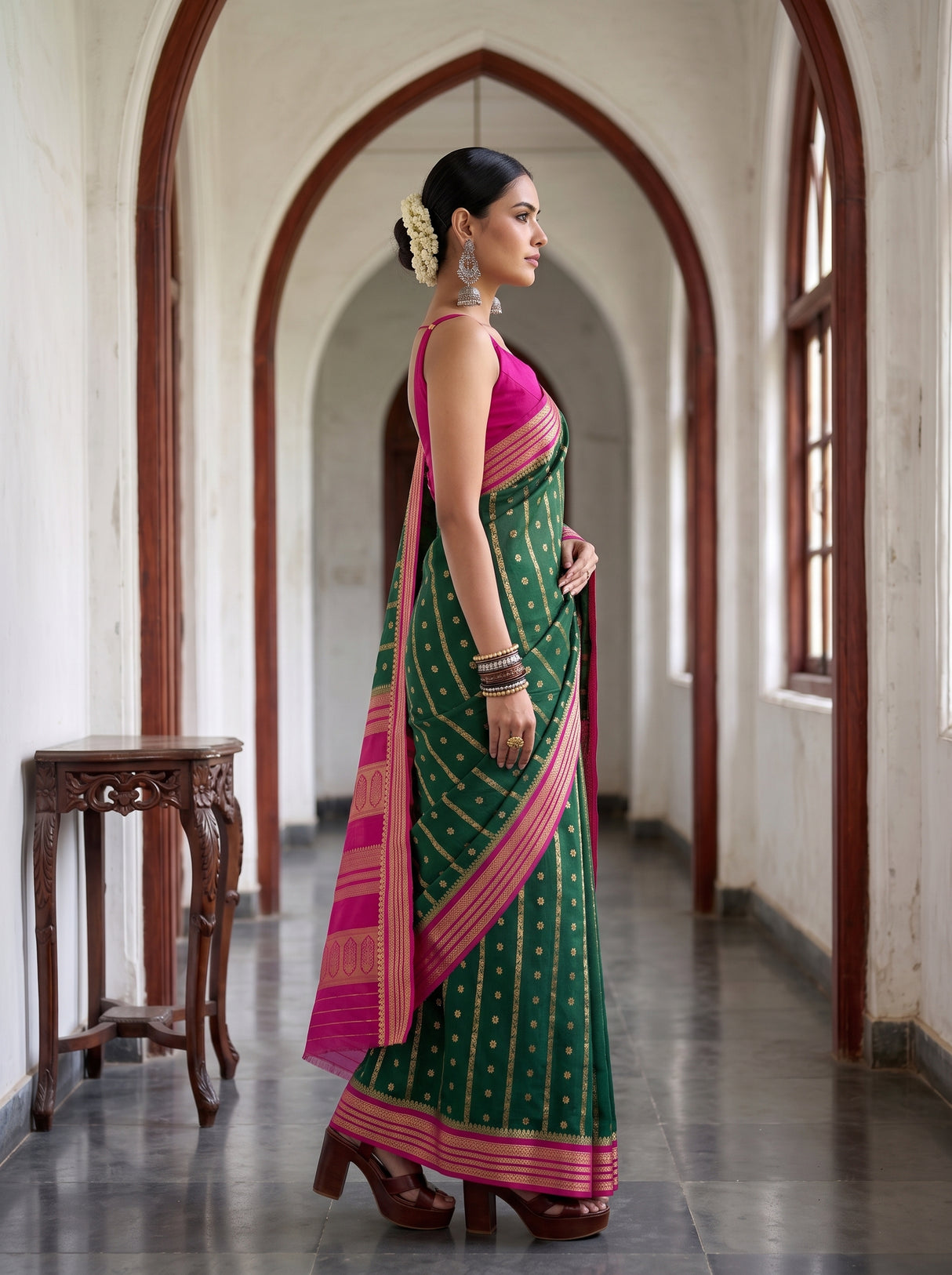 MIMOSA Bottle Green Saree Saree — pose 3 styling detail