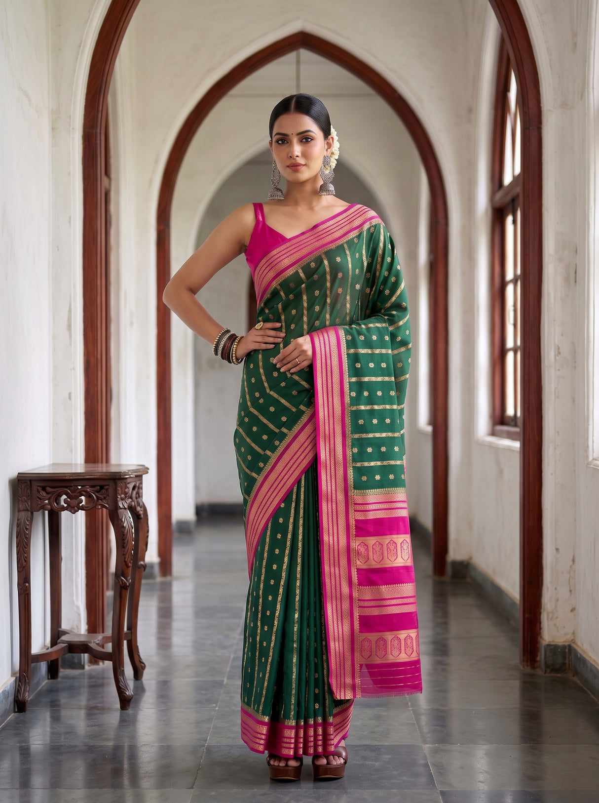 MIMOSA Bottle Green Saree Saree — pose 4 styling detail