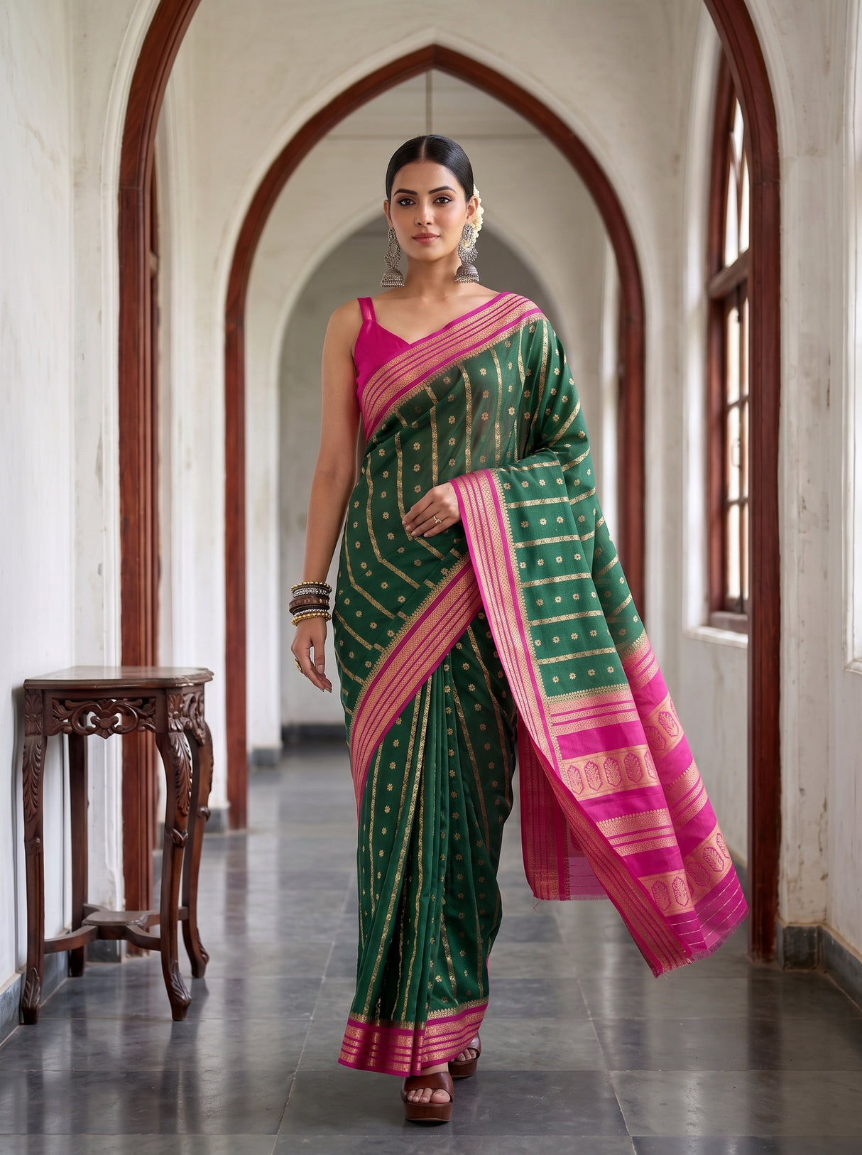MIMOSA Bottle Green Saree Saree — pose 6 styling detail