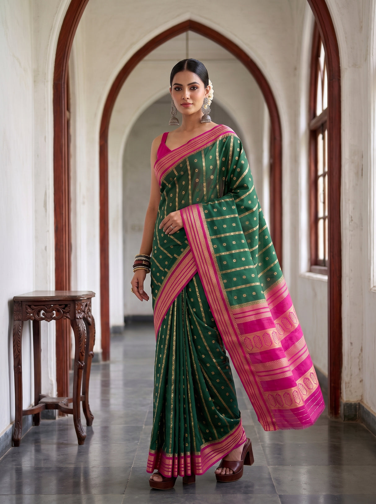 MIMOSA Bottle Green Saree Saree — pose 9 styling detail