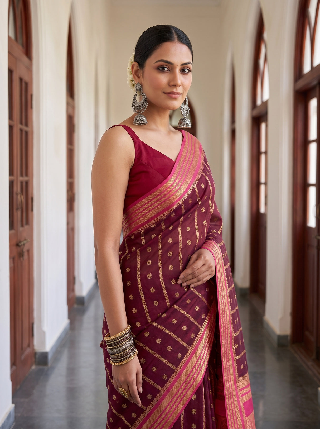 MIMOSA Chocolate Saree Saree — pose 10 styling detail