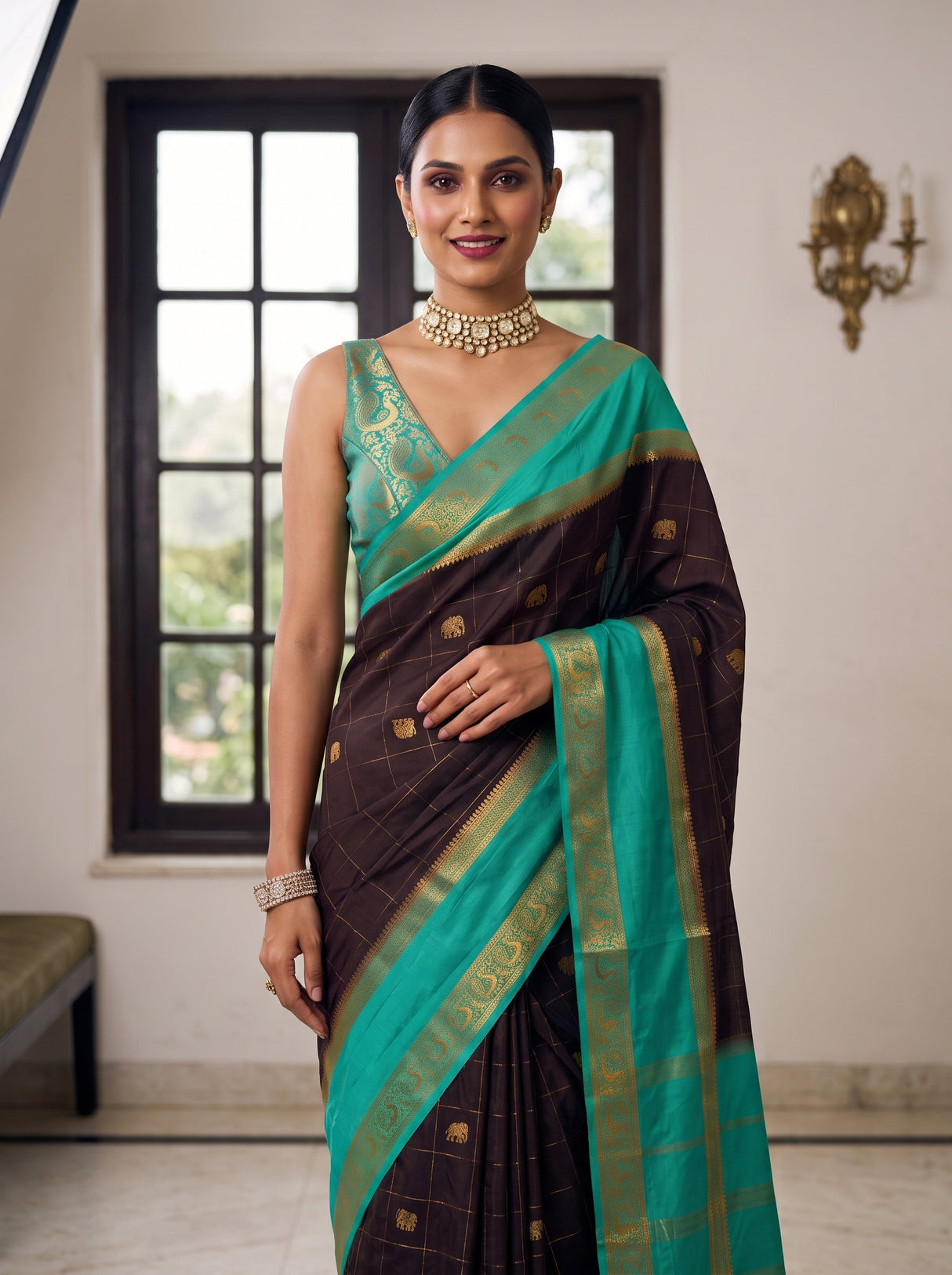 MIMOSA Chocolate Saree Saree — pose 10 styling detail