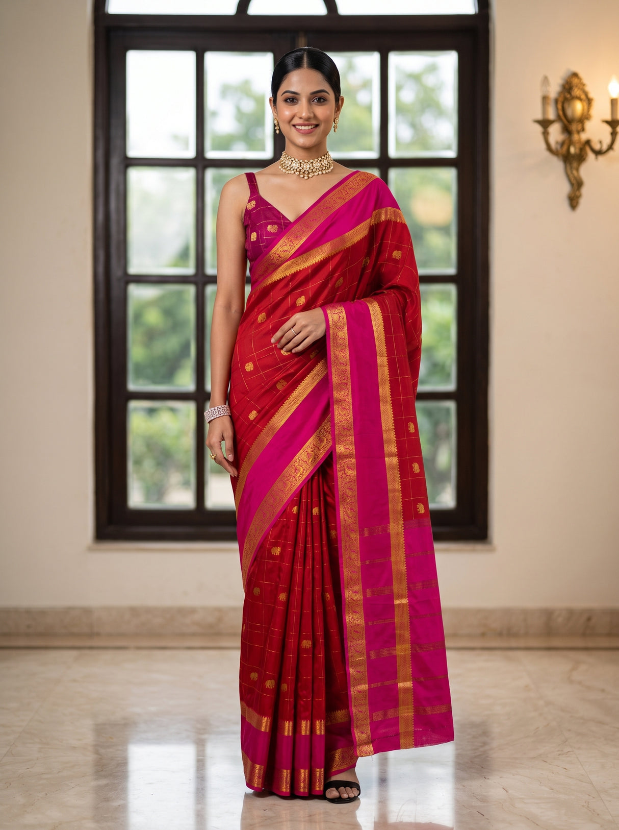 MIMOSA Red Saree Saree — front view on mannequin