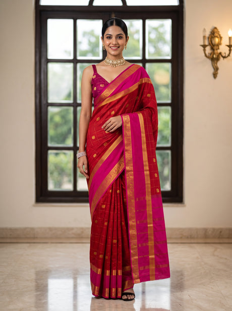 MIMOSA Red Saree Saree — front view on mannequin
