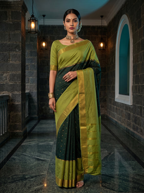 MIMOSA Bottle Green Mysore Silk crepe Saree — AI model lifestyle pose