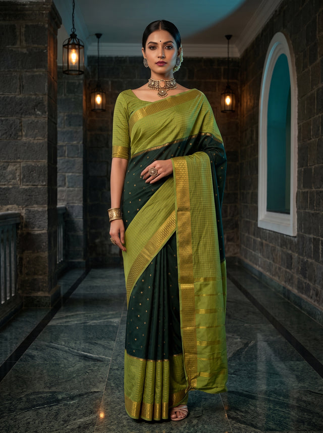 MIMOSA Bottle Green Mysore Silk crepe Saree — AI model lifestyle pose