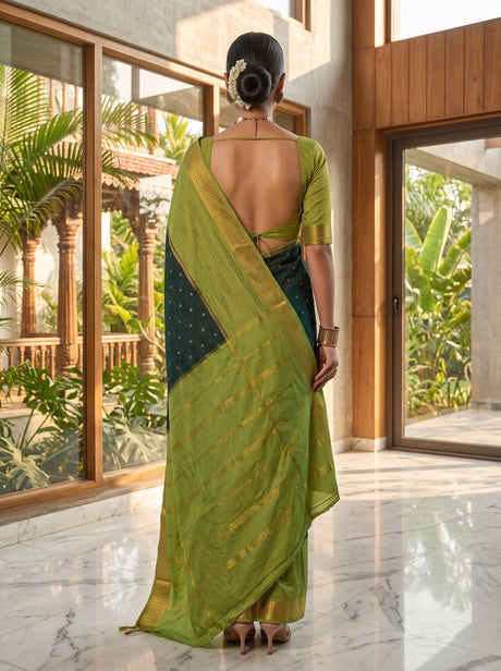 MIMOSA Bottle Green Mysore Silk crepe Saree — saree shot pallu and body