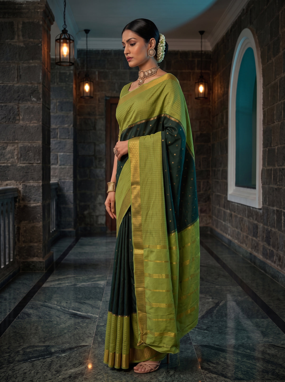 MIMOSA Bottle Green Mysore Silk crepe Saree — pose 3 styling detail