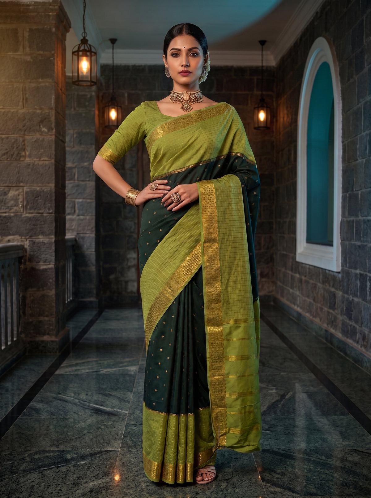 MIMOSA Bottle Green Mysore Silk crepe Saree — pose 4 styling detail