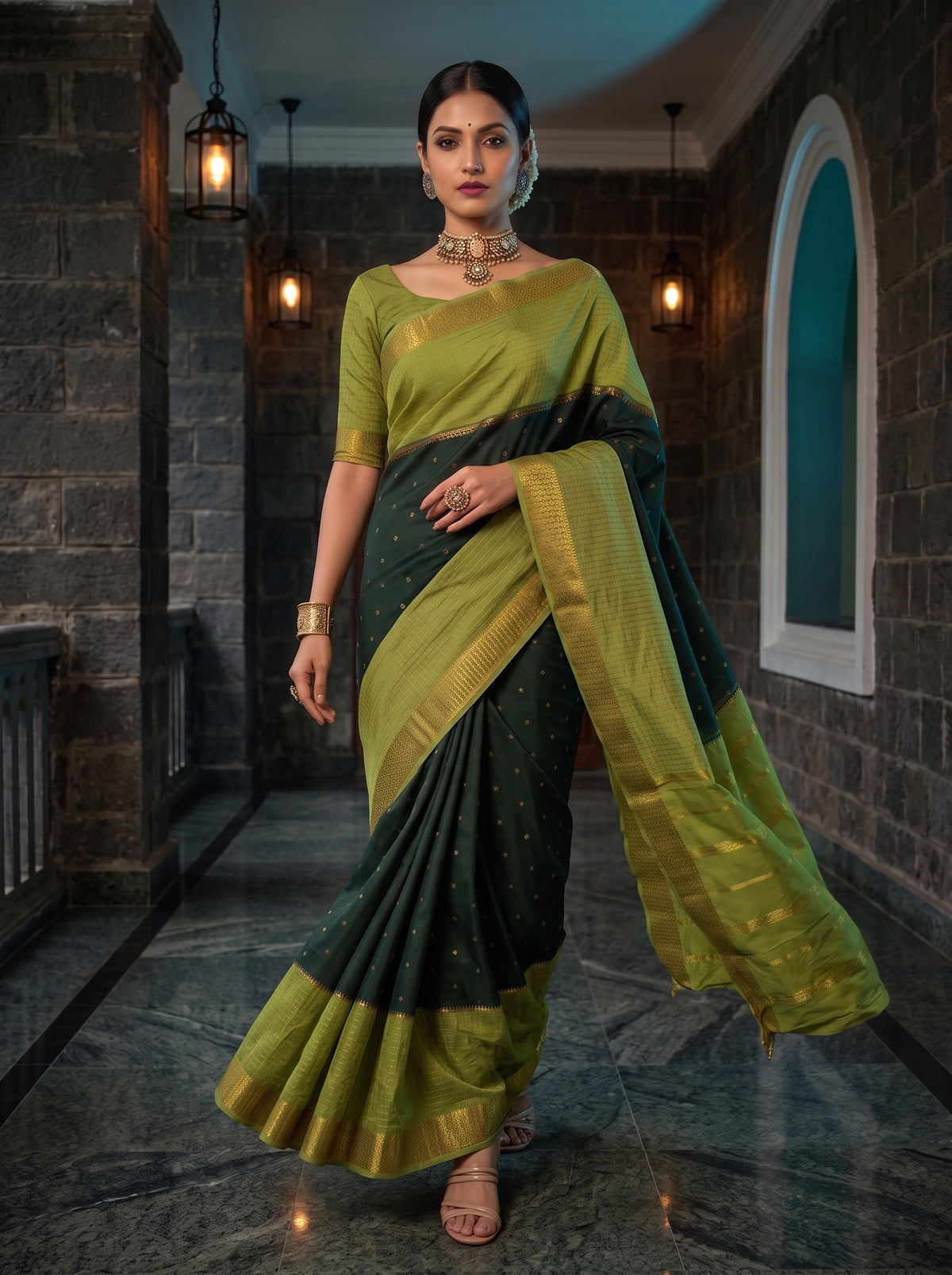MIMOSA Bottle Green Mysore Silk crepe Saree — pose 6 styling detail