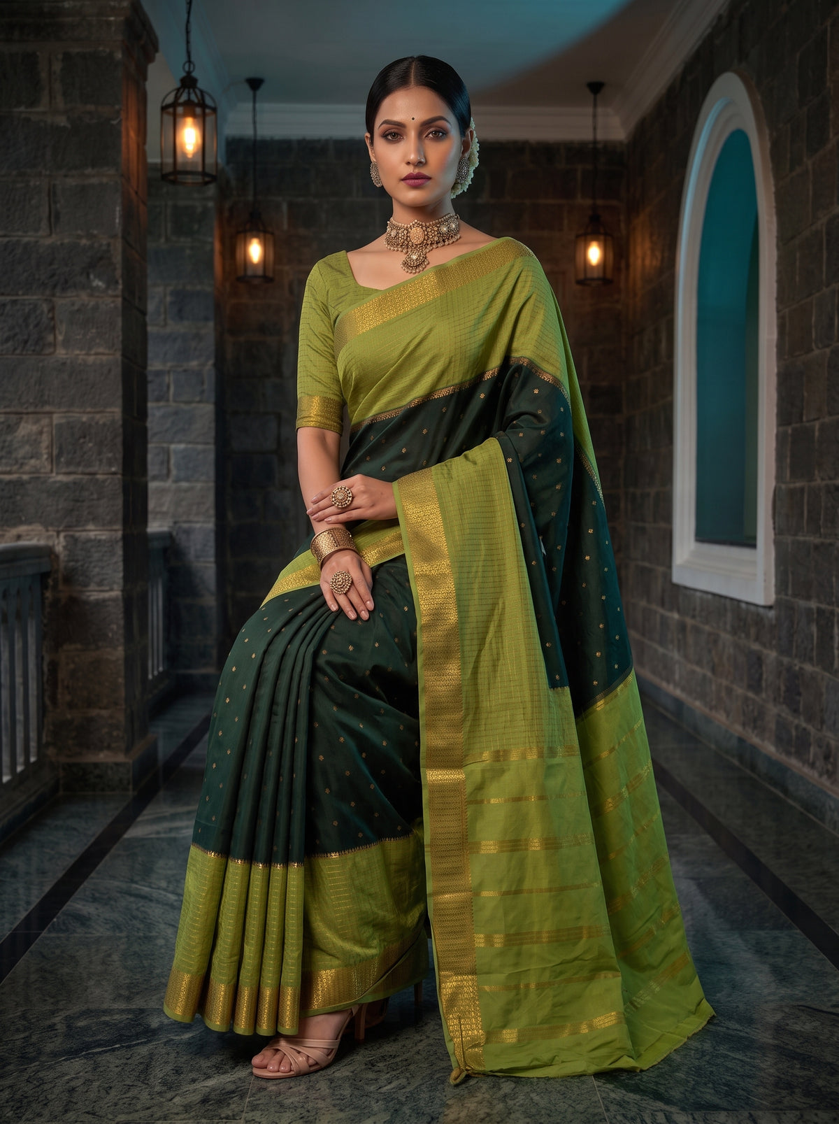 MIMOSA Bottle Green Mysore Silk crepe Saree — pose 8 styling detail