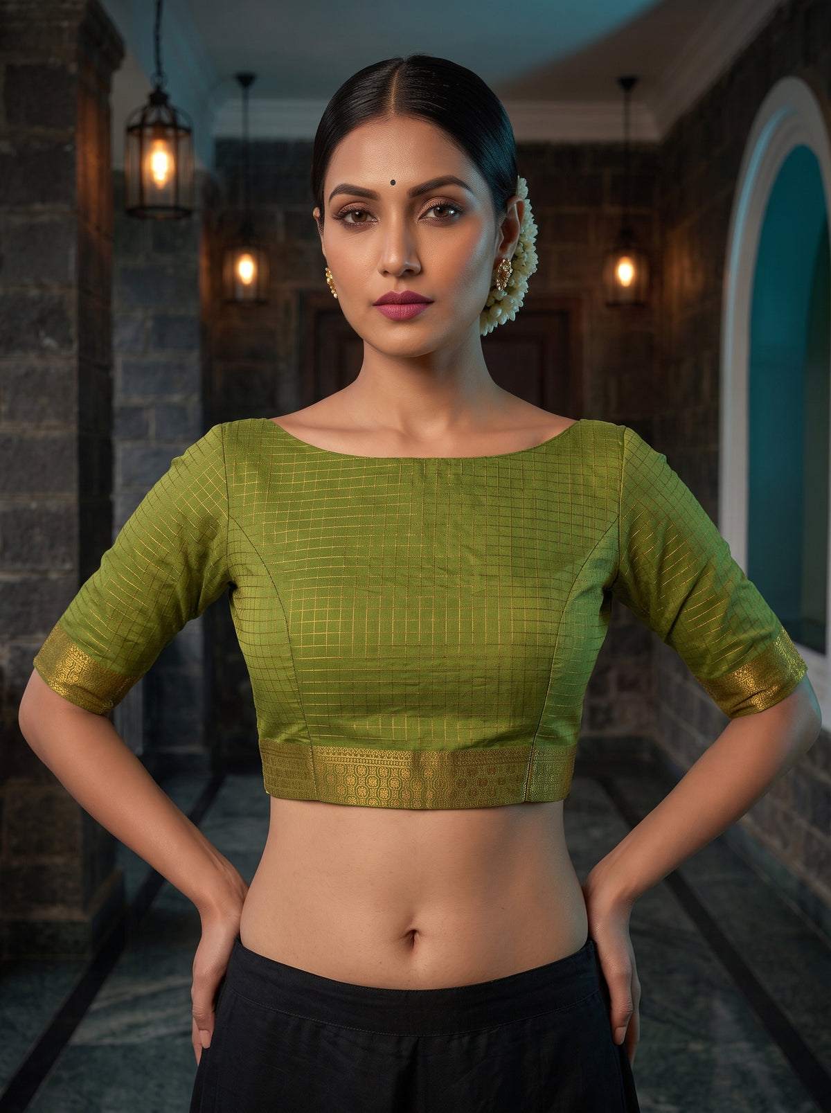 MIMOSA Bottle Green Mysore Silk crepe Saree — blouse close-up