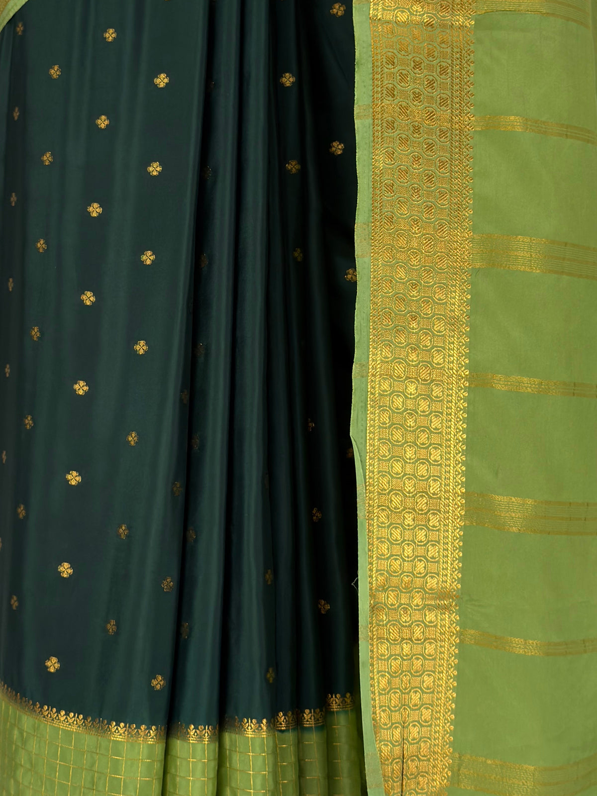MIMOSA Bottle Green Mysore Silk crepe Saree — fleets shot full lifestyle