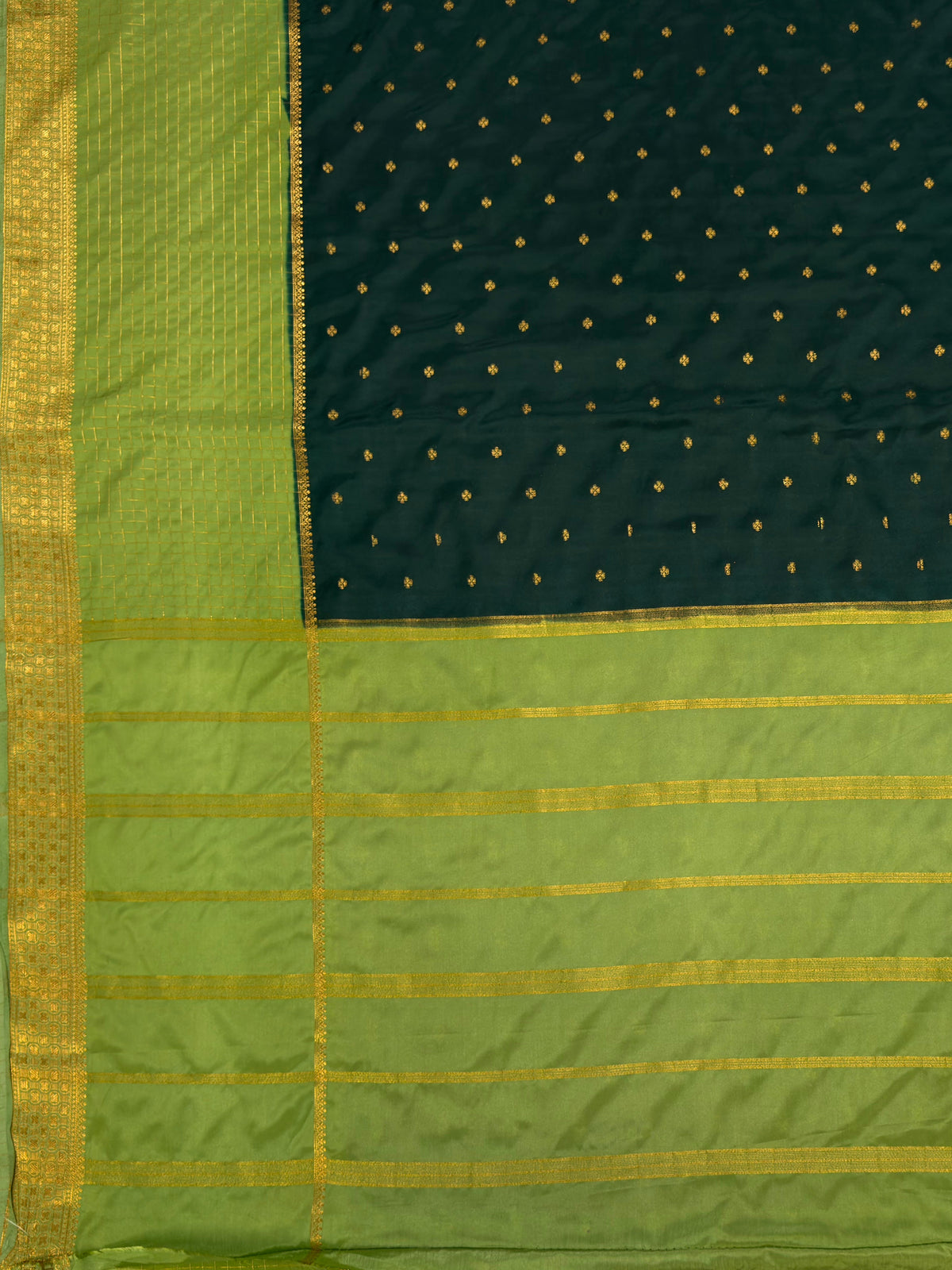 MIMOSA Bottle Green Mysore Silk crepe Saree — pallu and zari work detail