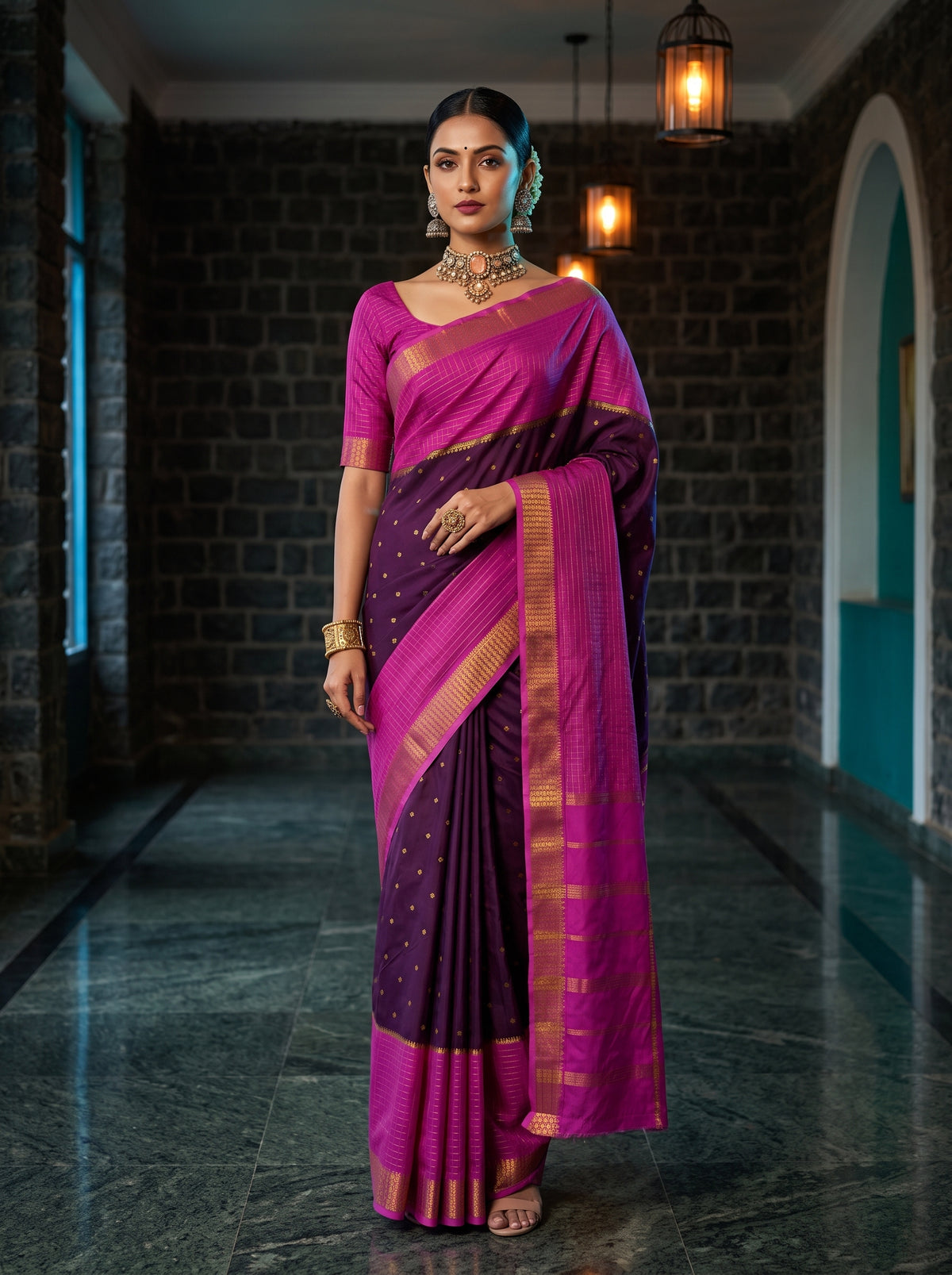 MIMOSA Jamun Mysore Silk crepe Saree — AI model lifestyle pose