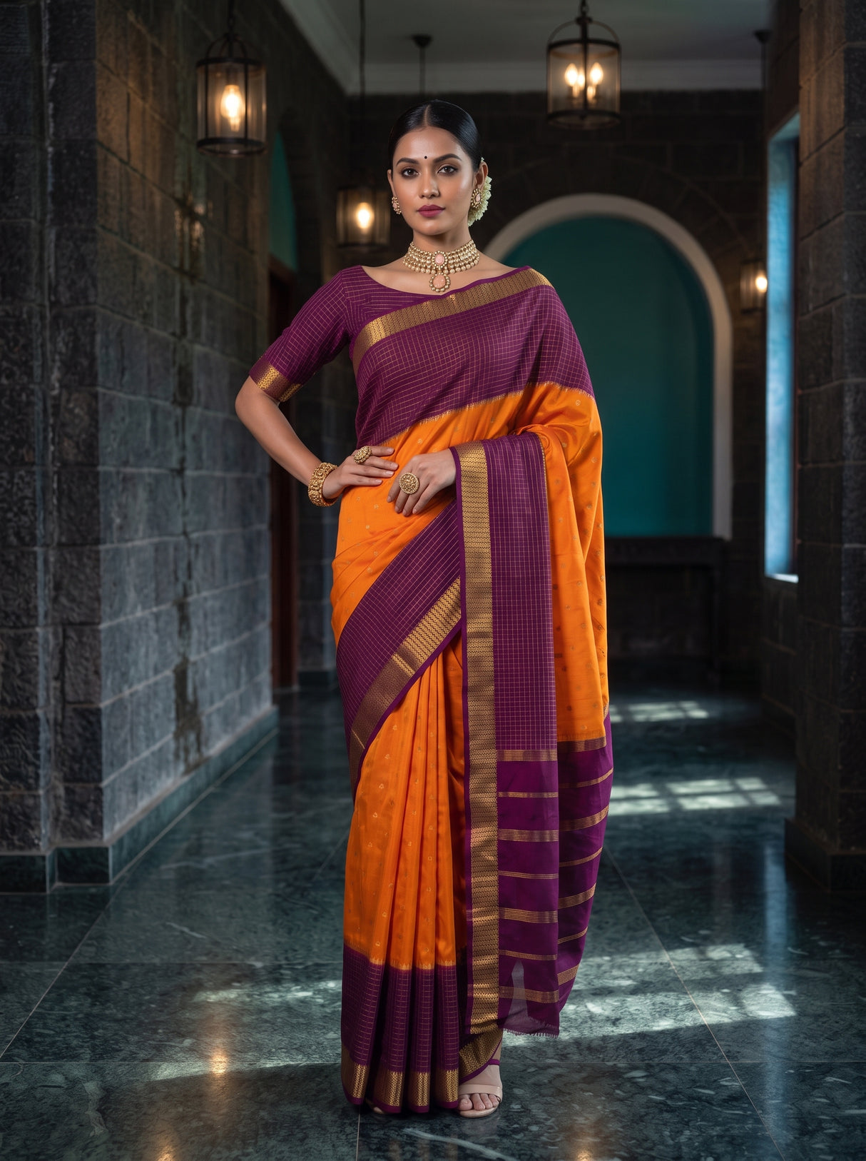 MIMOSA Mustard Mysore Silk crepe Saree — pose 4 styling detail