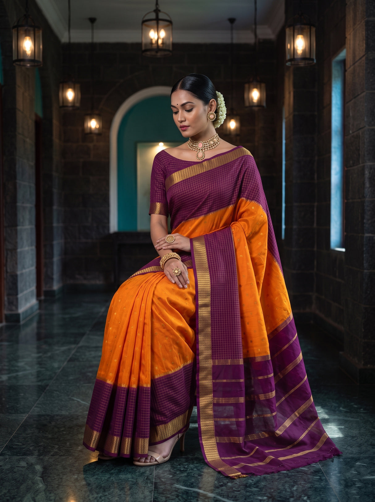 MIMOSA Mustard Mysore Silk crepe Saree — pose 8 styling detail