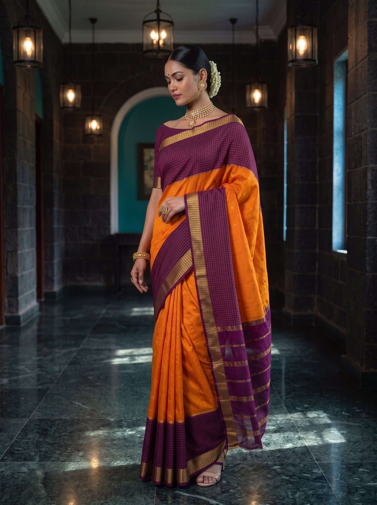 MIMOSA Mustard Mysore Silk crepe Saree — pose 9 styling detail