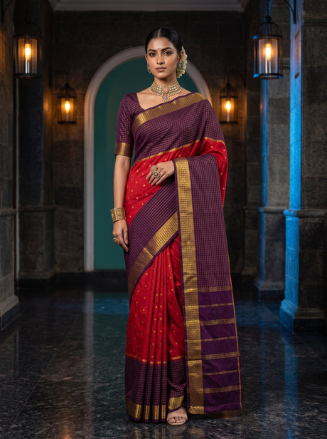 MIMOSA Red Mysore Silk crepe Saree — AI model lifestyle pose